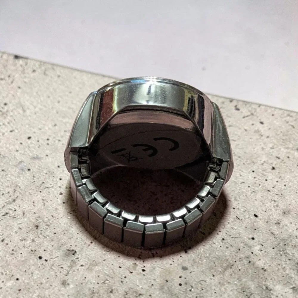 Silver Tone Quartz Ring Watch, Stretch Band, Retro Statement Jewelry